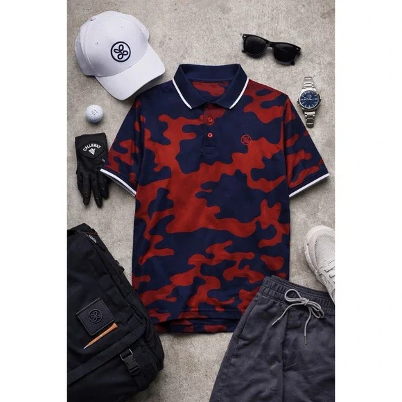 G Fore Men Polo Shirt L Burgundy Navy Camo Performance Stretch Golf Luxe